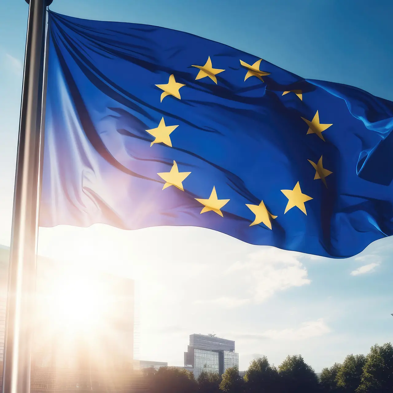 EU flag waving in front of modern building with sunshine - AI generated/adapted