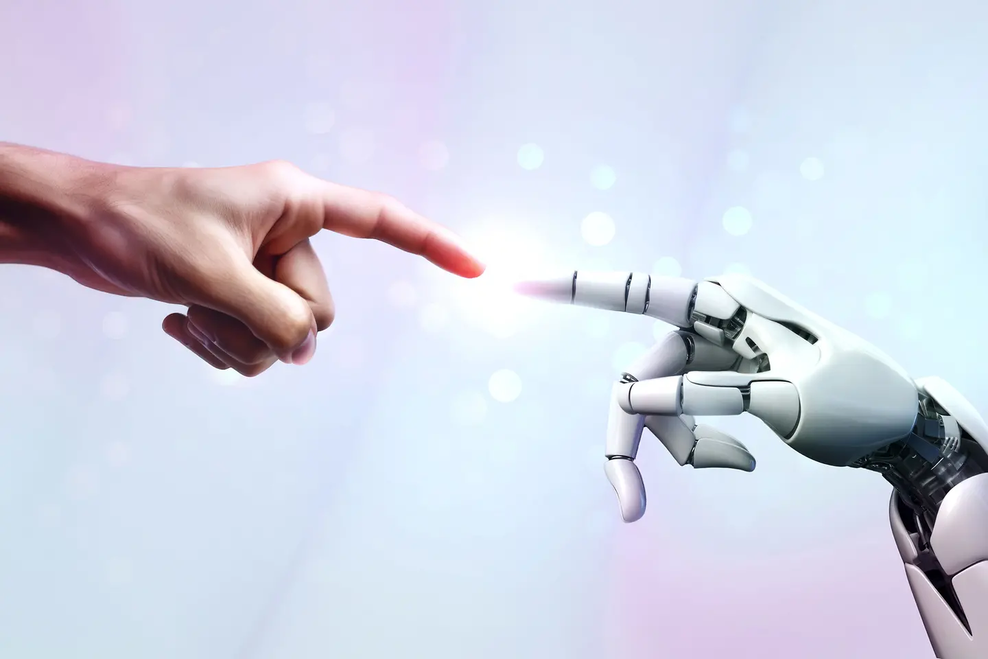 Robot and human hands are touching and connecting