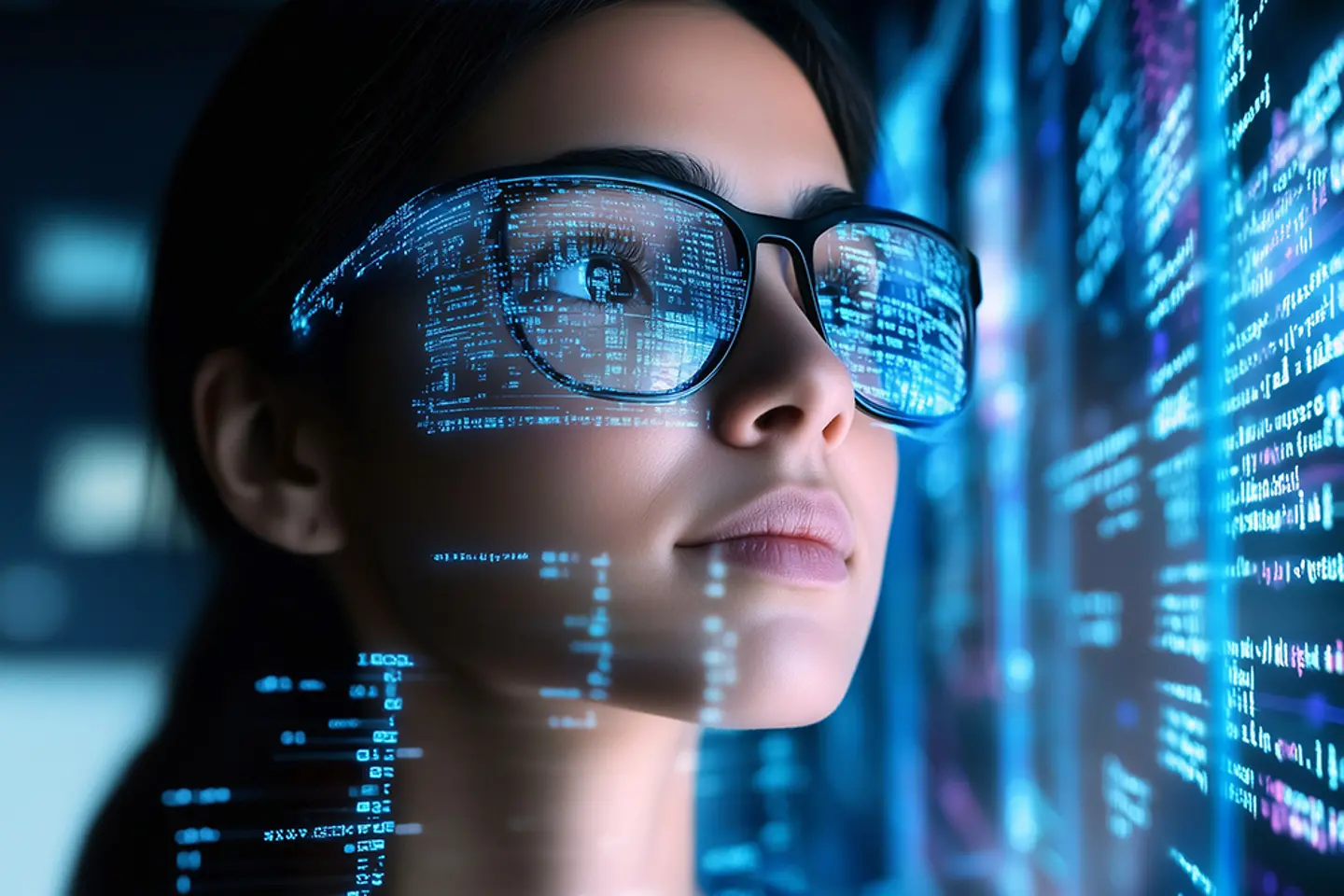 Female IT-expert reading code on a display, AI-generated image