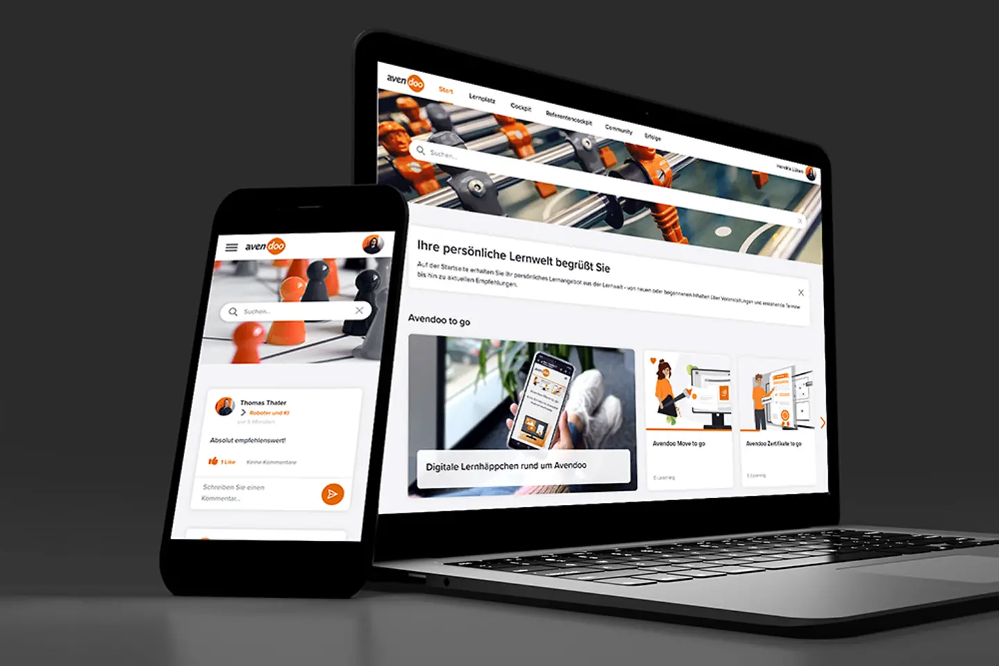 Laptop and mobile phone displaying Avendoo elearning platform