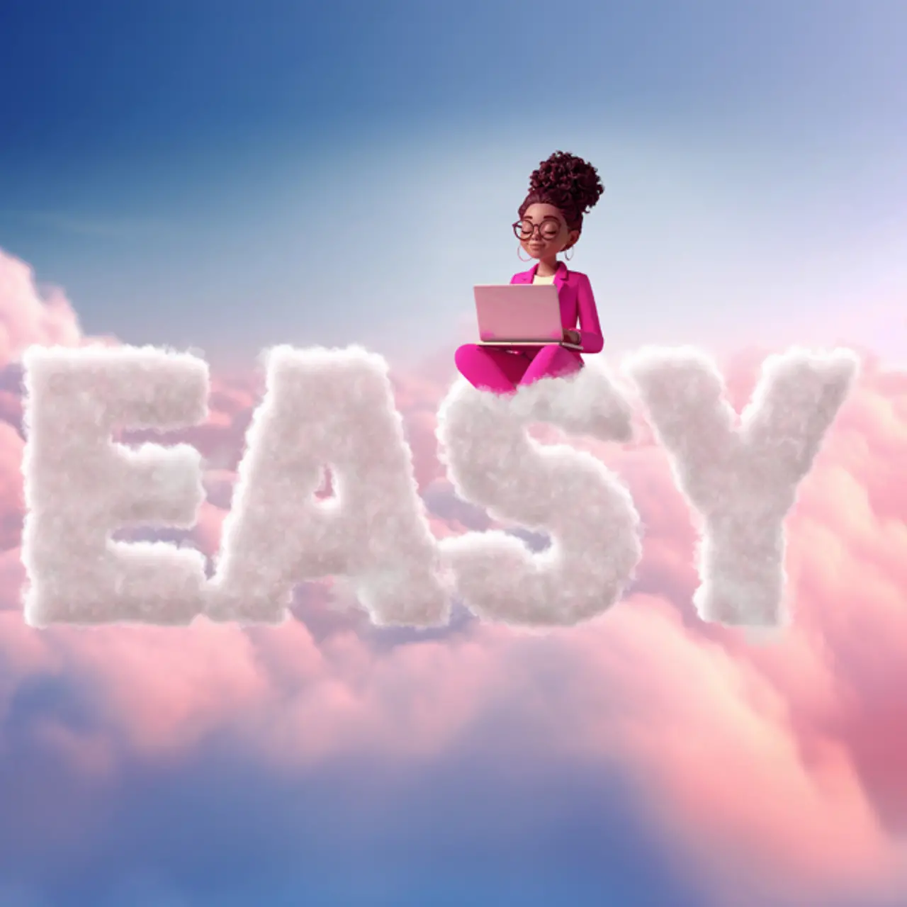 AI-generated image - Magenta colored female figure sits on text "Easy", made from clouds, AI generated image
