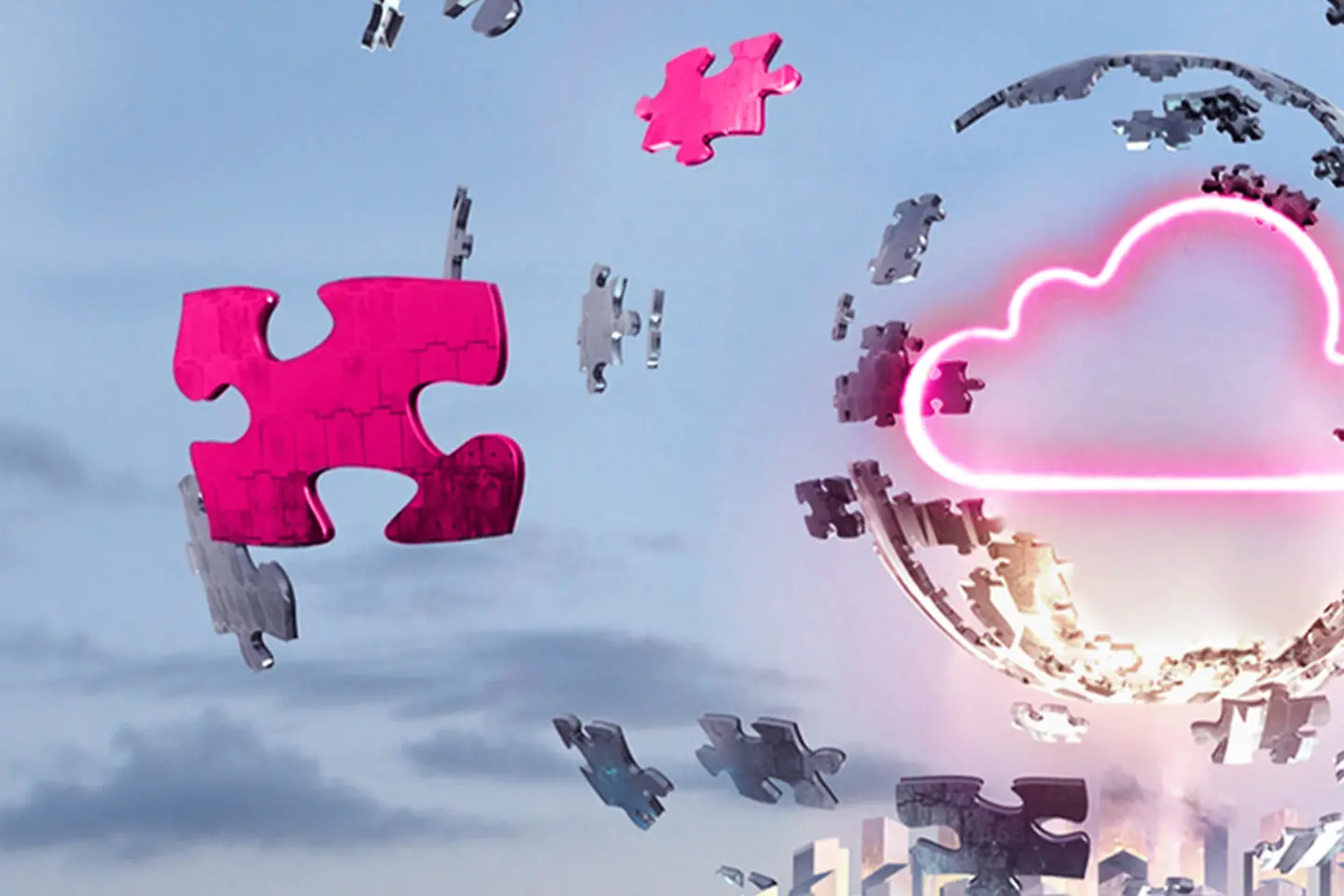 Puzzle pieces fly around a digital cloud