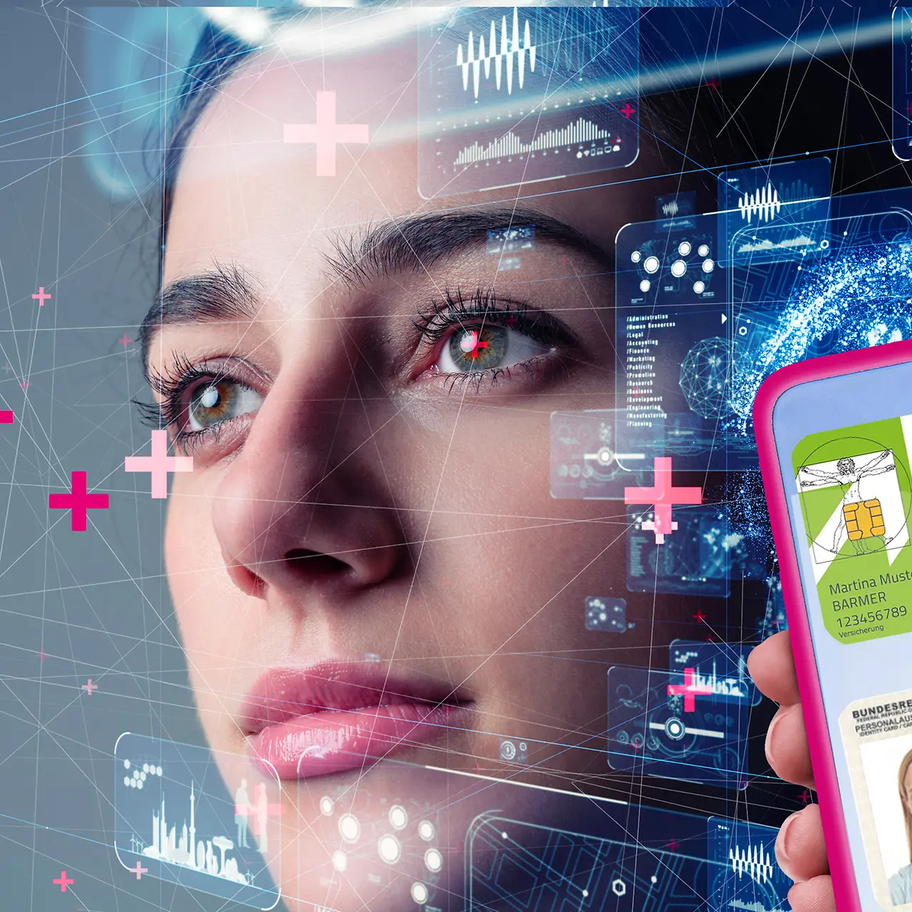 Face of a woman with digital overlay and smartphone with health card