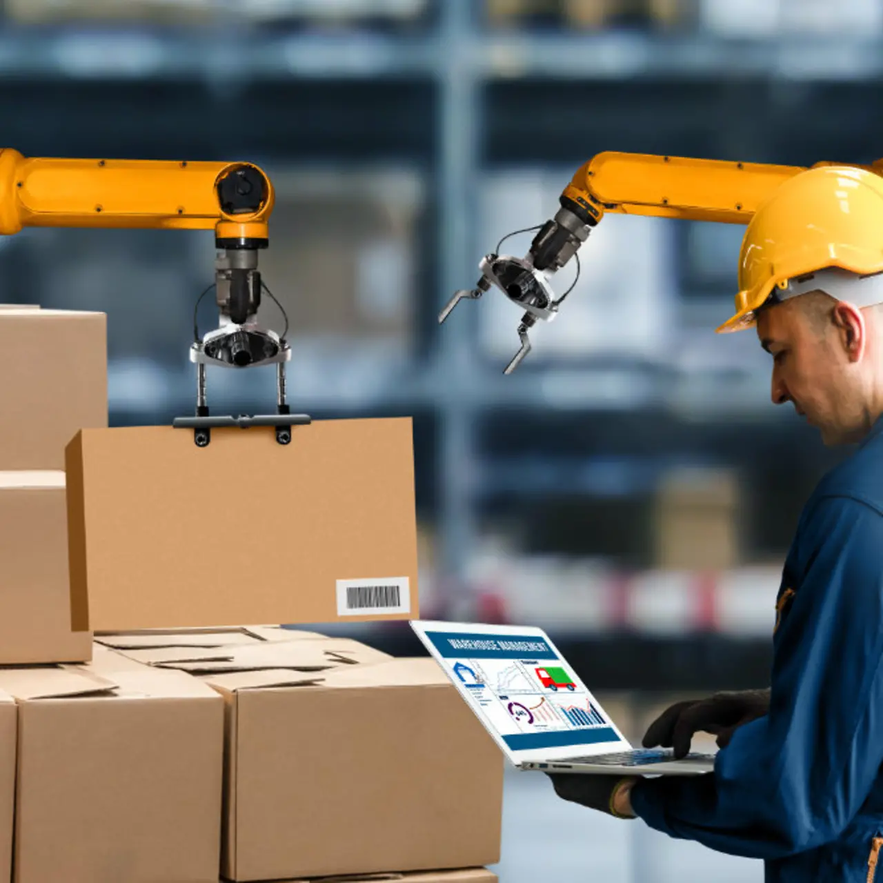 Logistics worker with smart robot arm using IOT and AI technology in logistics warehouse