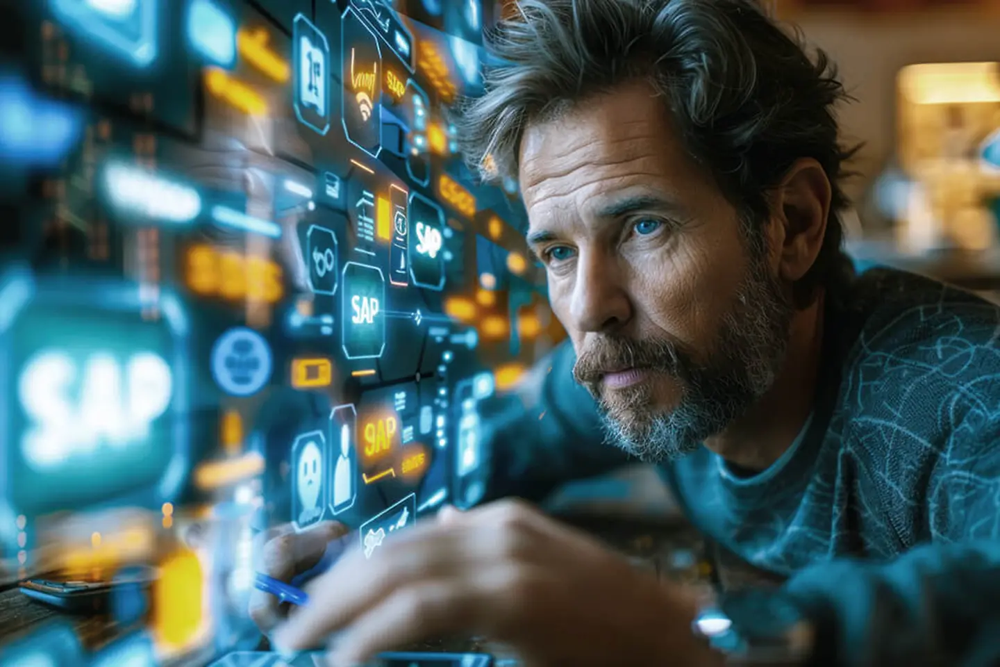 Professional displaying the SAP logo surrounded by digital icons